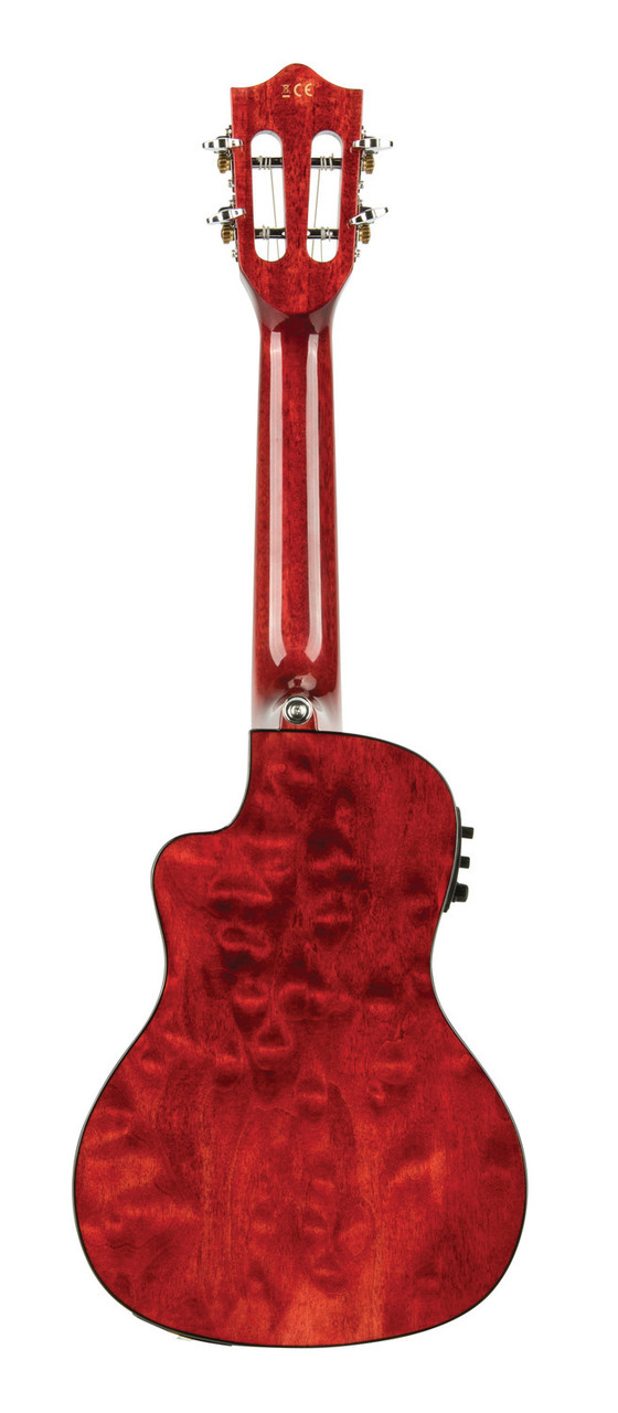 The Lanikai QM-RDCEC Concert Ukulele features a beautifully figured quilted maple top, back, and sides with a bold Red Stain finish that stands out on any stage. The cutaway design allows easy access to upper frets, while the FishmanÂ® Kula preamp and built-in tuner provide clean, natural amplified sound. Perfect for players seeking striking visuals, reliable electronics, and premium concert-level tone.