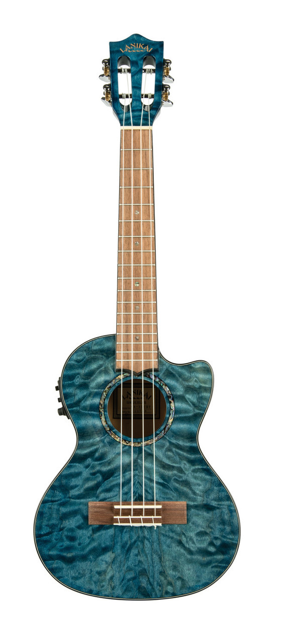 The Lanikai QM-BLCET Tenor Ukulele features a beautifully figured quilted maple top, back, and sides finished in a stunning Blue Stain. Its tenor size offers full, resonant tone with added projection. The cutaway design provides easy access to higher frets, while the onboard FishmanÂ® Kula preamp delivers clear, natural amplification. Perfect for performers and players seeking standout aesthetics with premium sound.