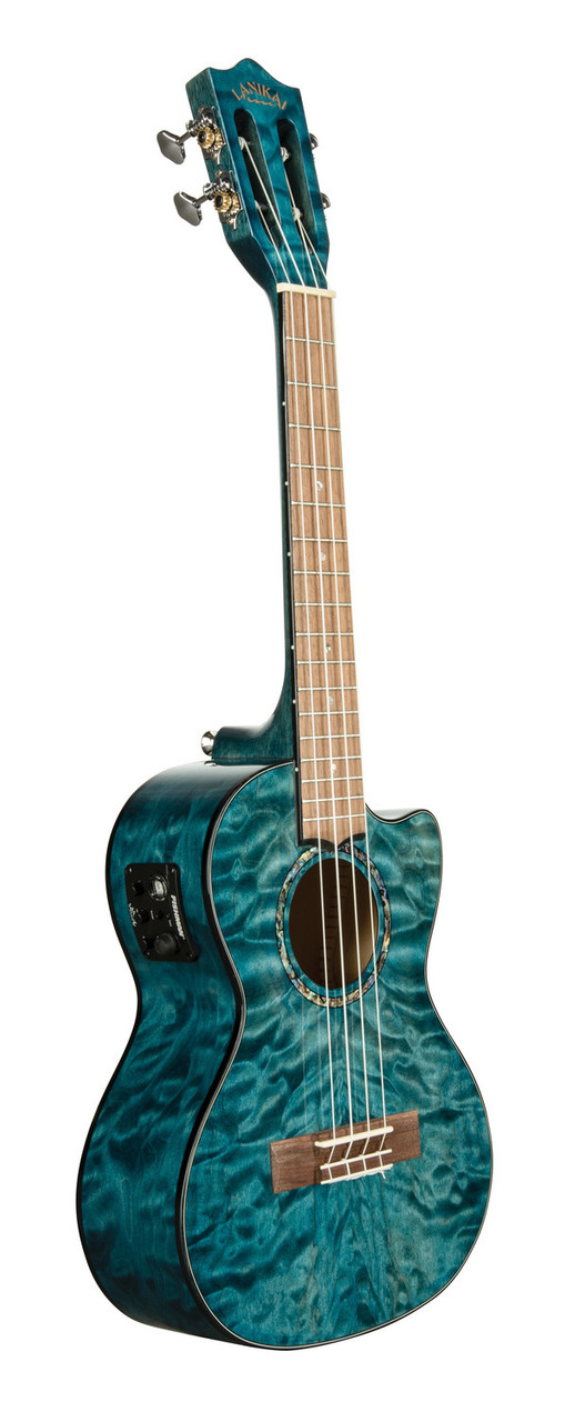 The Lanikai QM-BLCET Tenor Ukulele features a beautifully figured quilted maple top, back, and sides finished in a stunning Blue Stain. Its tenor size offers full, resonant tone with added projection. The cutaway design provides easy access to higher frets, while the onboard FishmanÃ‚Â® Kula preamp delivers clear, natural amplification. Perfect for performers and players seeking standout aesthetics with premium sound.