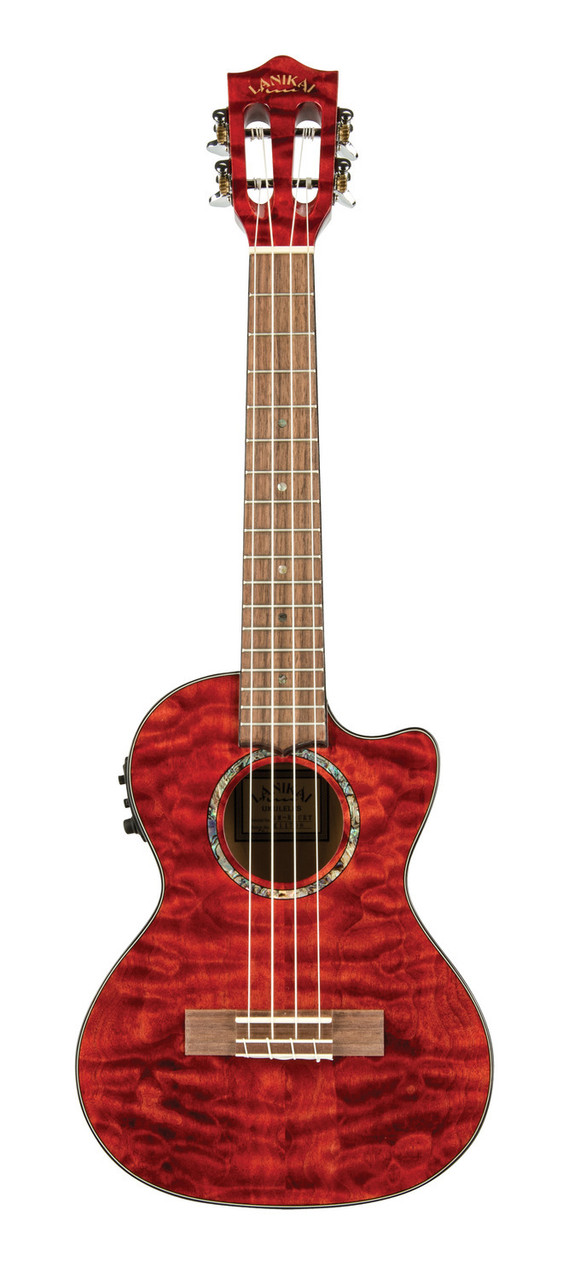 The Lanikai QM-RDCET Tenor Ukulele features a beautifully figured quilted maple top, back, and sides with a vivid red stain finish that delivers both visual impact and bright, clear tone. The cutaway design allows effortless upper-fret access, while the FishmanÂ® Kula preamp with onboard tuner ensures clean, reliable amplification. With refined craftsmanship and high-end appointments, this uke is ideal for live performers and players seeking premium sound with eye-catching style.