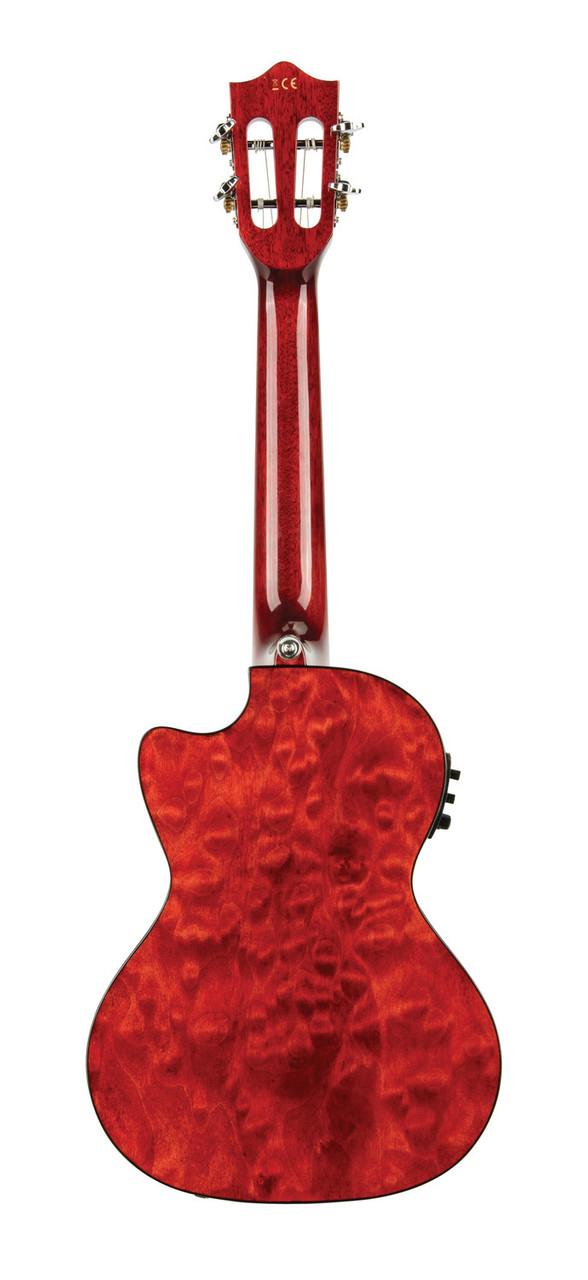 The Lanikai QM-RDCET Tenor Ukulele features a beautifully figured quilted maple top, back, and sides with a vivid red stain finish that delivers both visual impact and bright, clear tone. The cutaway design allows effortless upper-fret access, while the FishmanÂ® Kula preamp with onboard tuner ensures clean, reliable amplification. With refined craftsmanship and high-end appointments, this uke is ideal for live performers and players seeking premium sound with eye-catching style.