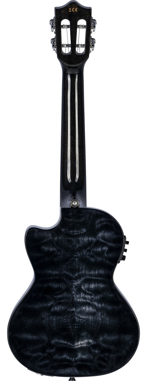 The Lanikai QM-BKCET Tenor Ukulele features a stunning quilted maple top, back, and sides finished in an elegant Black Stain. Its tenor size offers full, resonant projection, while the cutaway design provides easy access to upper frets. Equipped with the FishmanÃ‚Â® Kula preamp and onboard tuner, this uke delivers clean, natural amplified toneÃ¢â‚¬â€perfect for performing musicians seeking standout aesthetics and premium sound quality.
