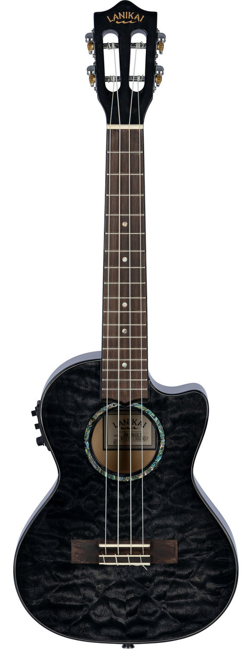 The Lanikai QM-BKCET Tenor Ukulele features a stunning quilted maple top, back, and sides finished in an elegant Black Stain. Its tenor size offers full, resonant projection, while the cutaway design provides easy access to upper frets. Equipped with the FishmanÂ® Kula preamp and onboard tuner, this uke delivers clean, natural amplified toneâ€”perfect for performing musicians seeking standout aesthetics and premium sound quality.