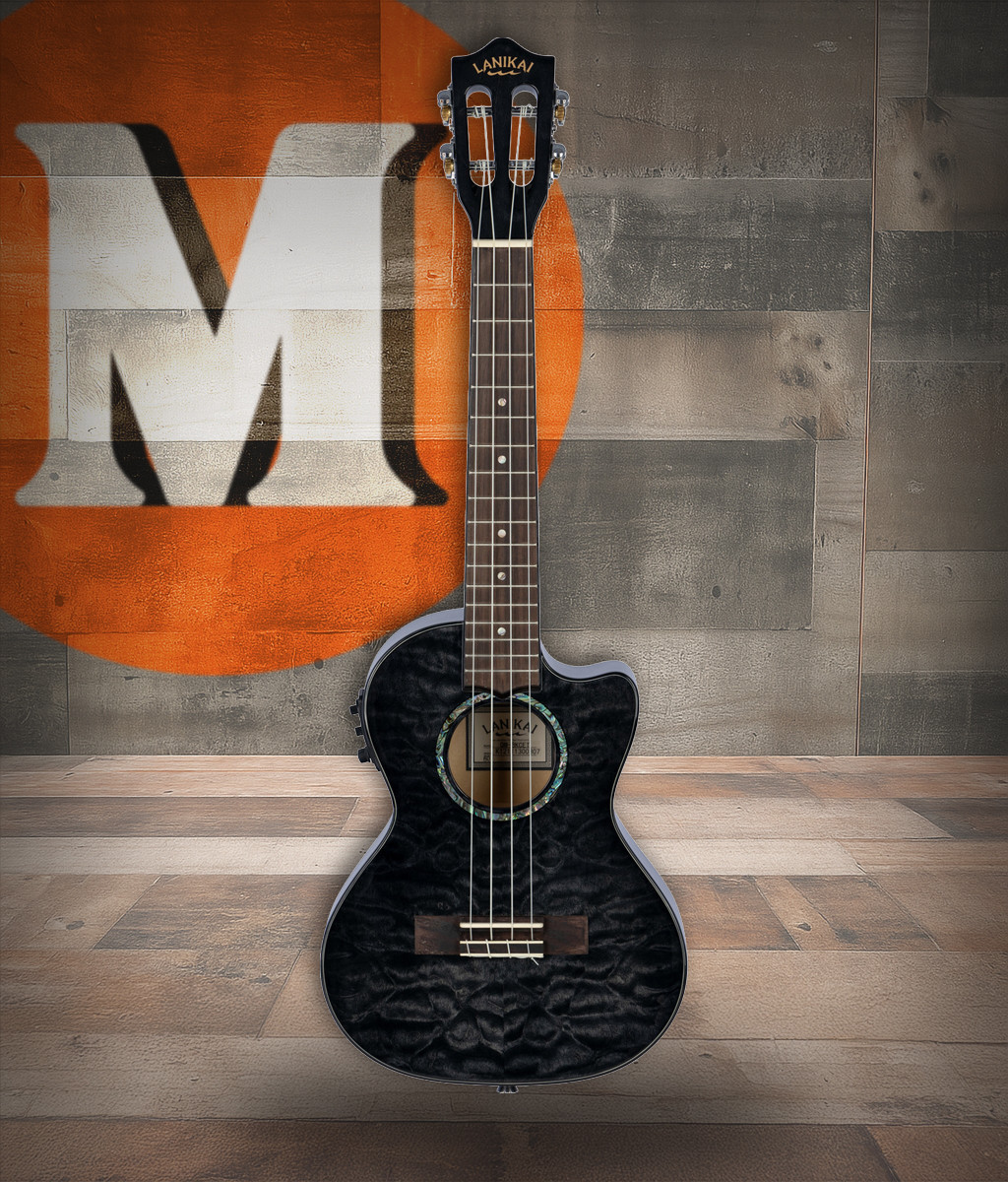 The Lanikai QM-BKCET Tenor Ukulele features a stunning quilted maple top, back, and sides finished in an elegant Black Stain. Its tenor size offers full, resonant projection, while the cutaway design provides easy access to upper frets. Equipped with the FishmanÂ® Kula preamp and onboard tuner, this uke delivers clean, natural amplified toneâ€”perfect for performing musicians seeking standout aesthetics and premium sound quality.