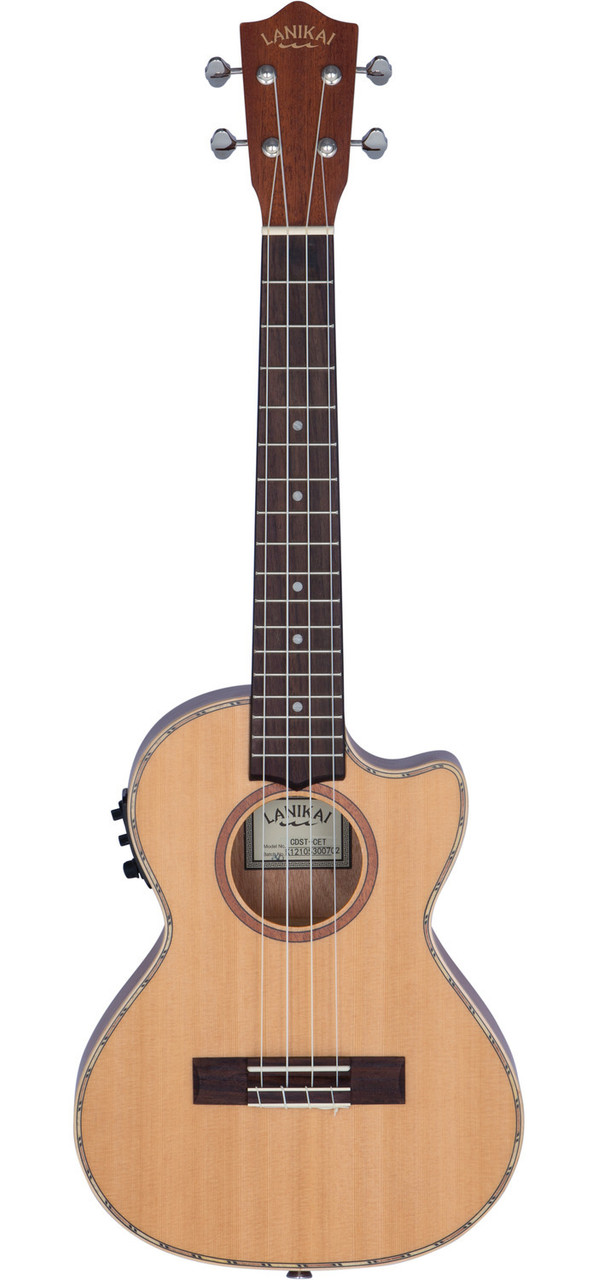 The Lanikai CDST-CET Concert Ukulele features a solid cedar top for warm, resonant tone and laminated mahogany back and sides for added depth and projection. Equipped with a cutaway for upper fret access and a built-in Kula preamp system, it delivers clear, natural amplified sound. This model offers smooth playability, elegant binding, and professional performance features ideal for both stage and studio use.
