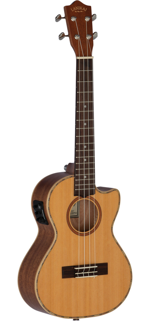 The Lanikai CDST-CET Concert Ukulele features a solid cedar top for warm, resonant tone and laminated mahogany back and sides for added depth and projection. Equipped with a cutaway for upper fret access and a built-in Kula preamp system, it delivers clear, natural amplified sound. This model offers smooth playability, elegant binding, and professional performance features ideal for both stage and studio use.