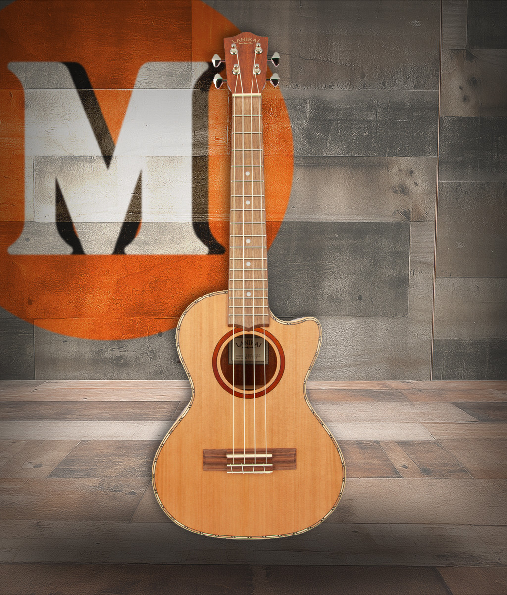 The Lanikai CDST-CET Concert Ukulele features a solid cedar top for warm, resonant tone and laminated mahogany back and sides for added depth and projection. Equipped with a cutaway for upper fret access and a built-in Kula preamp system, it delivers clear, natural amplified sound. This model offers smooth playability, elegant binding, and professional performance features ideal for both stage and studio use.
