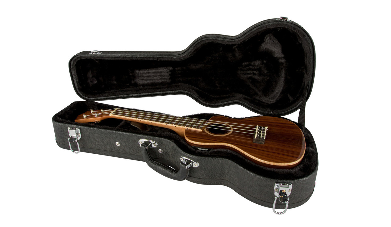 Lanikai HWC-S hard-shell soprano ukulele case featuring a wooden arched-top exterior, plush padded interior, secure latches, and durable construction designed for protecting soprano-sized ukuleles.