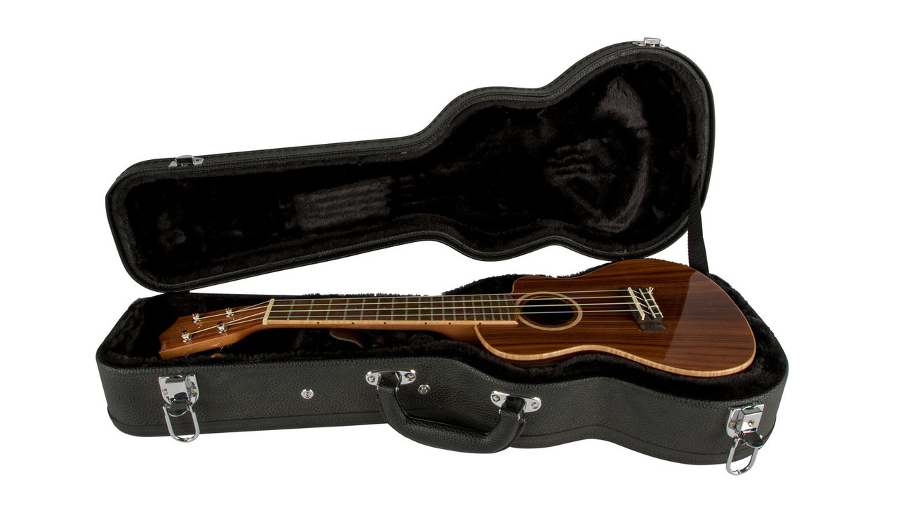 Lanikai HWC-S hard-shell soprano ukulele case featuring a wooden arched-top exterior, plush padded interior, secure latches, and durable construction designed for protecting soprano-sized ukuleles.