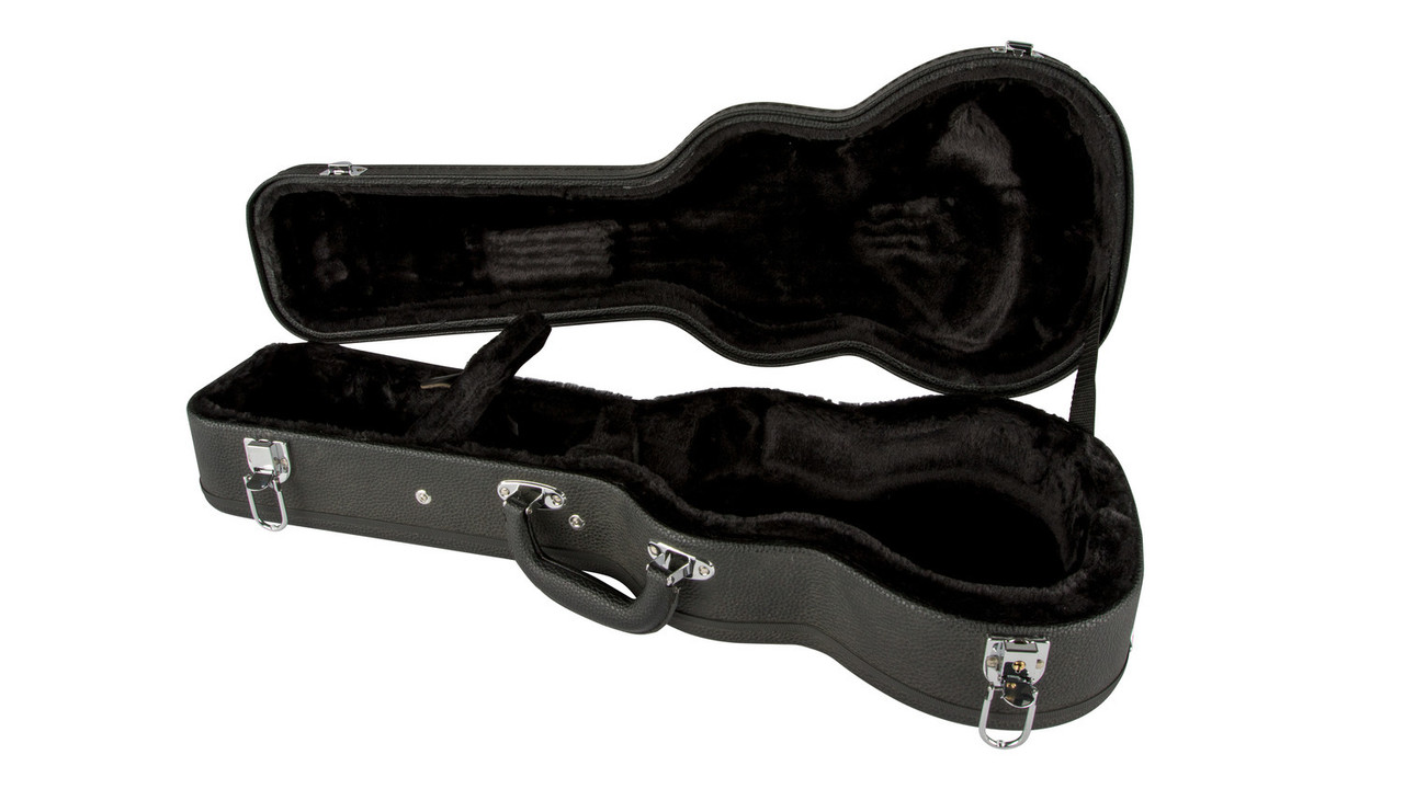 Lanikai HWC-S hard-shell soprano ukulele case featuring a wooden arched-top exterior, plush padded interior, secure latches, and durable construction designed for protecting soprano-sized ukuleles.