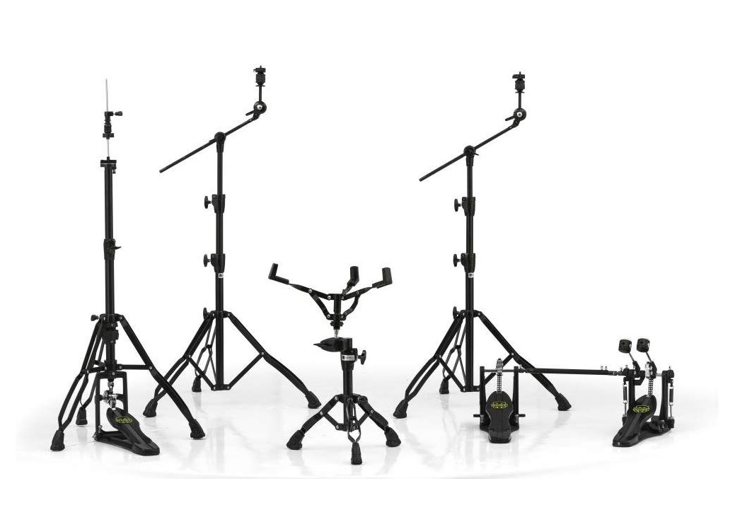Mapex HP8005EB-DP Armory 800 Series Hardware Pack â€“ Black Plated with Double Bass Drum Pedal, includes two boom cymbal stands, hi-hat stand, snare stand, and heavy-duty double pedal with reinforced chrome legs