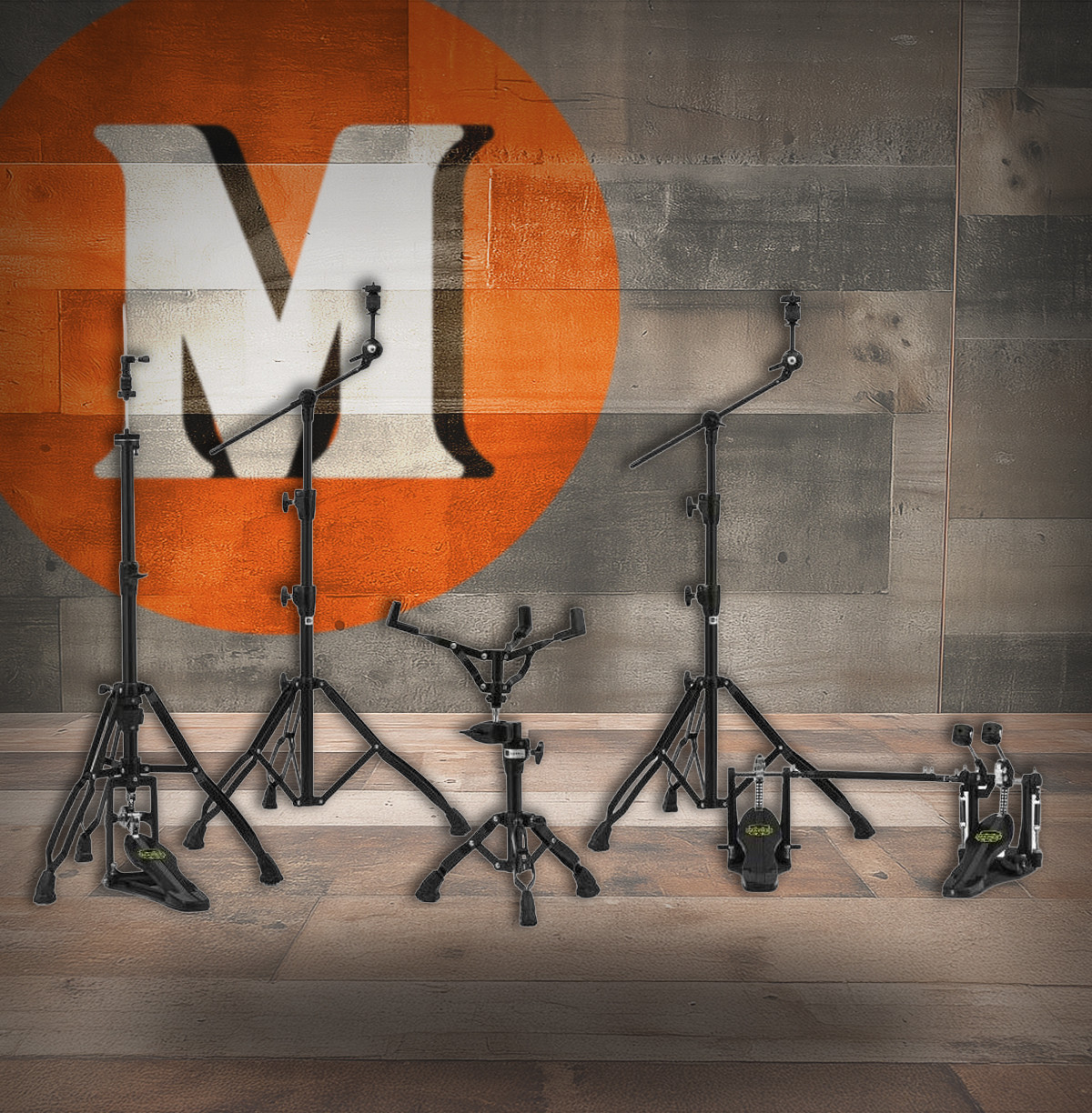 Mapex HP8005EB-DP Armory 800 Series Hardware Pack â€“ Black Plated with Double Bass Drum Pedal, includes two boom cymbal stands, hi-hat stand, snare stand, and heavy-duty double pedal with reinforced chrome legs