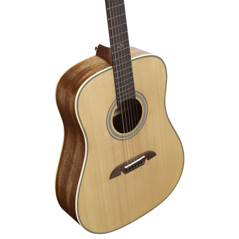 The Alvarez AD60 Herringbone Dreadnought features a solid spruce top paired with mahogany back and sides, delivering strong projection, warm mids, and excellent clarity. The traditional dreadnought body adds power and depth, while the herringbone binding provides vintage-inspired styling. Ideal for singer-songwriters, flatpickers, and players needing bold acoustic volume.