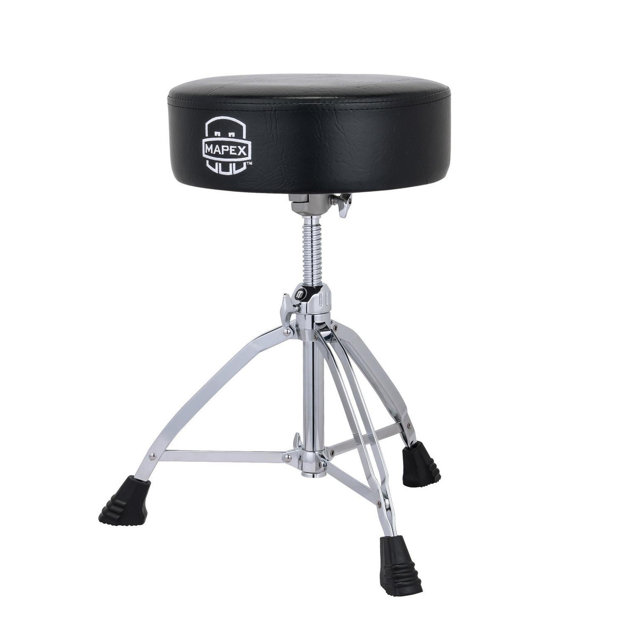 Mapex T850 Double-Braced 3-Leg Drum Throne with Black Leather Round Cushion – heavy-duty adjustable seat with padded top, threaded spindle, and stable chrome base