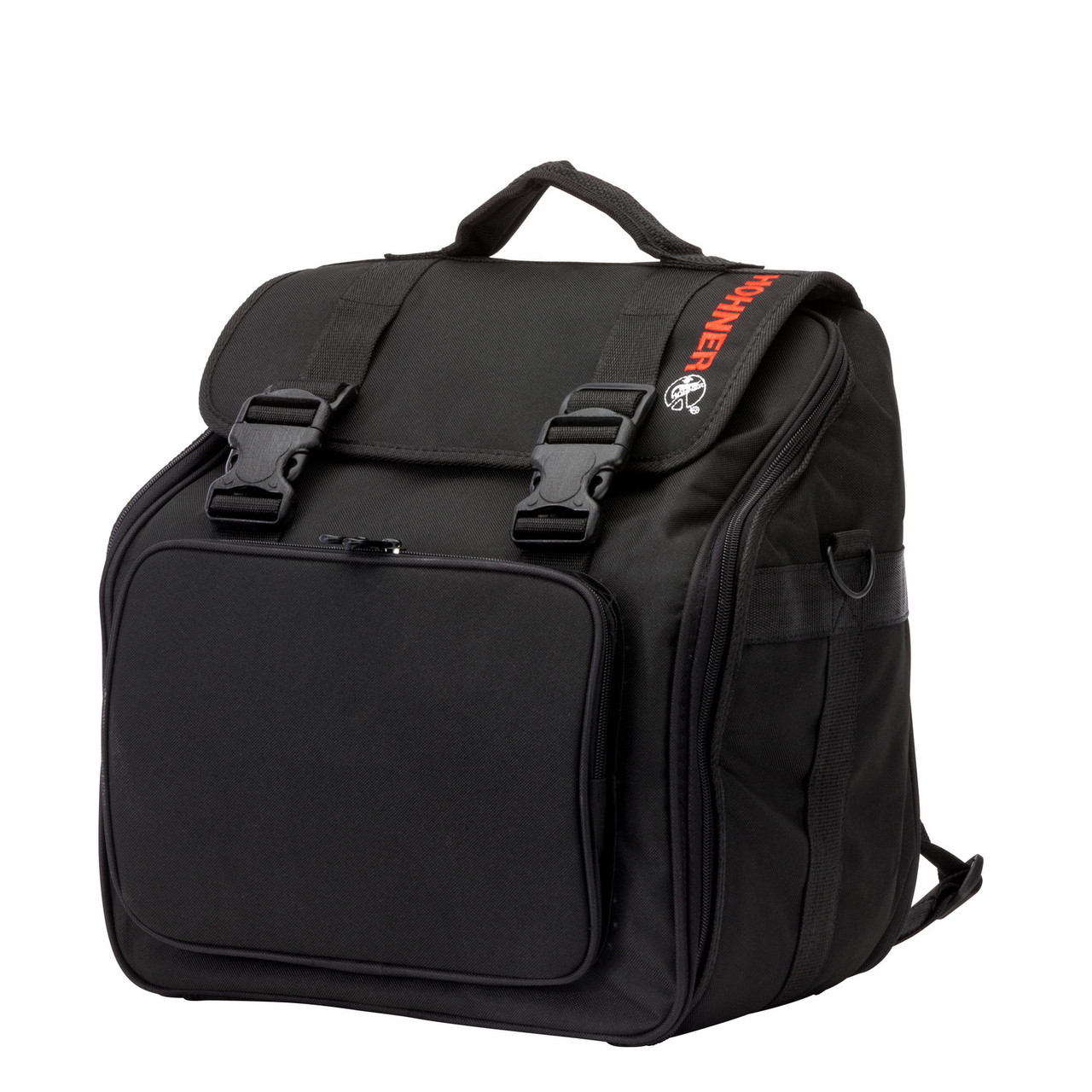 Hohner Panther Diatonic Accordion FBbEb w/ Gig Bag (3100FB) featuring a durable matte black finish, 31-button FBbEb tuning, responsive bellows, and an included padded gig bag for convenient transport.