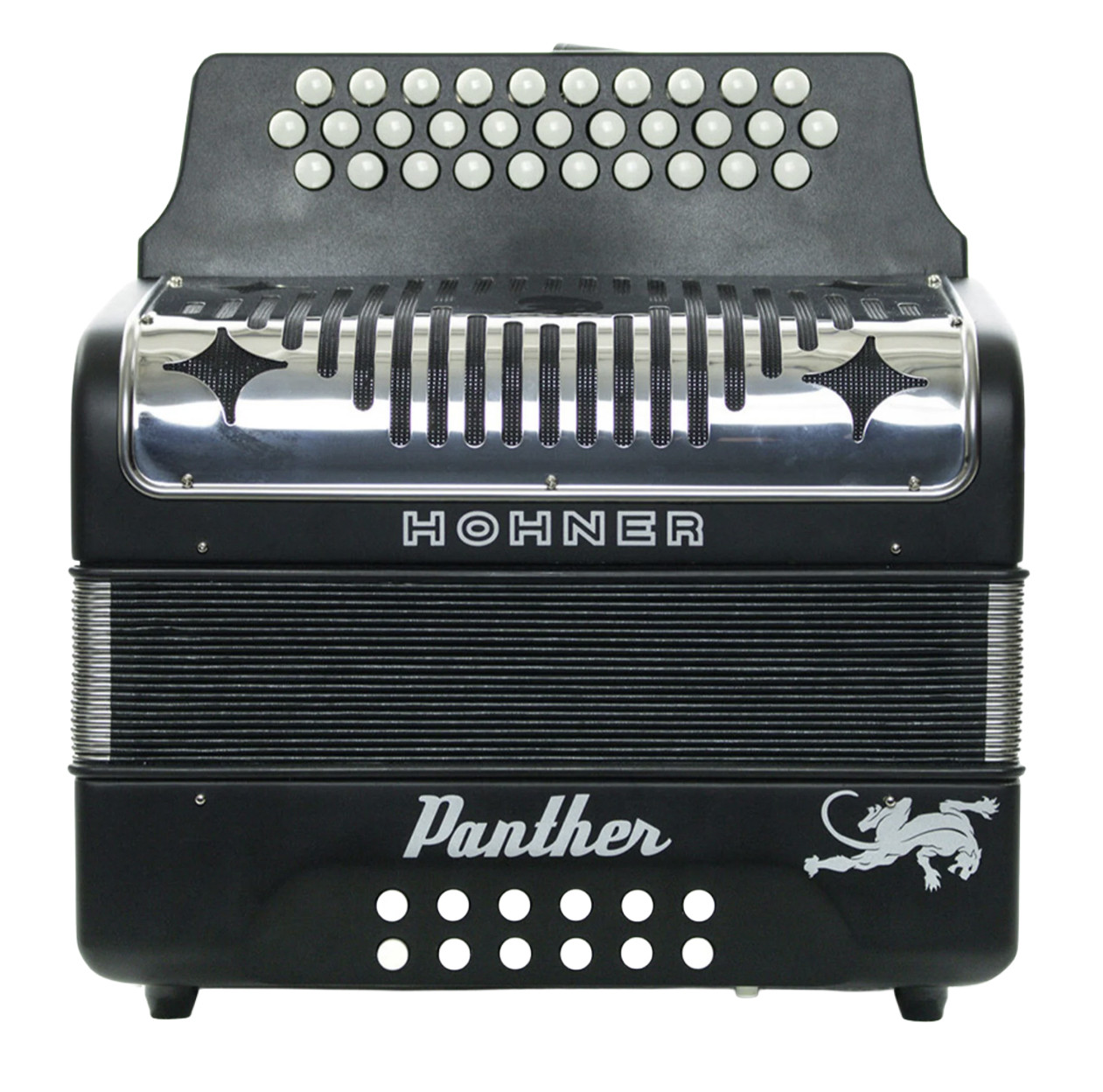 Hohner Panther Diatonic Accordion FBbEb w/ Gig Bag (3100FB) featuring a durable matte black finish, 31-button FBbEb tuning, responsive bellows, and an included padded gig bag for convenient transport.