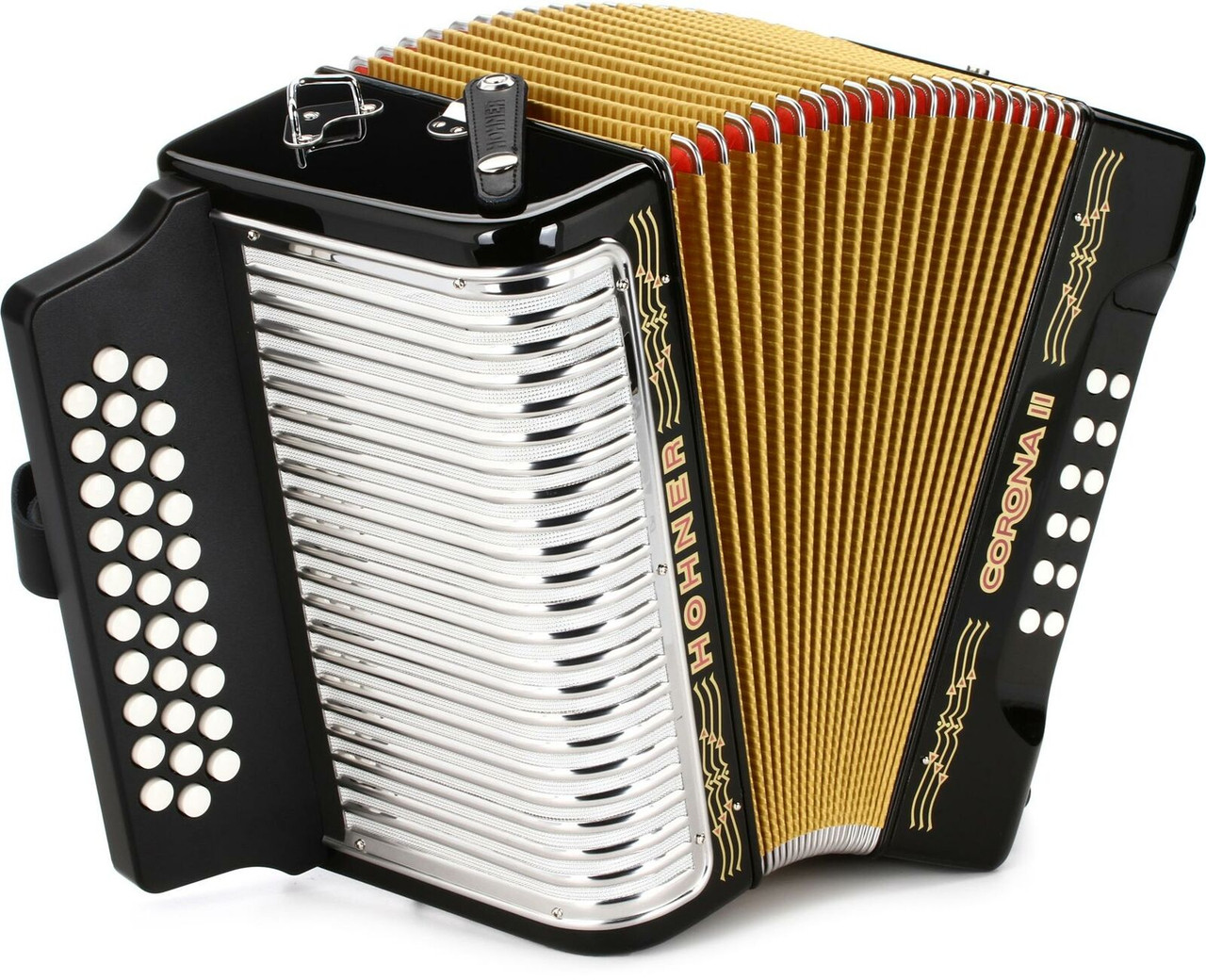 Hohner Corona II Accordion - 31 Treble / 12 Bass, Black Lacquer finish, plastic fingerboard, smooth bellows, and durable Hohner construction for professional Tex-Mex performance