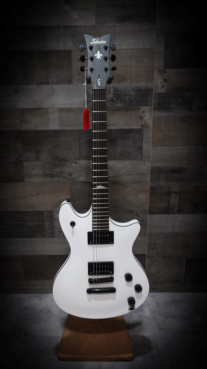 Schecter Jerry Horton Tempest Guitar - Satin White (B-Stock) featuring dual humbuckers, contoured mahogany body, set neck, and sleek satin white finish with artist-level tone and playability