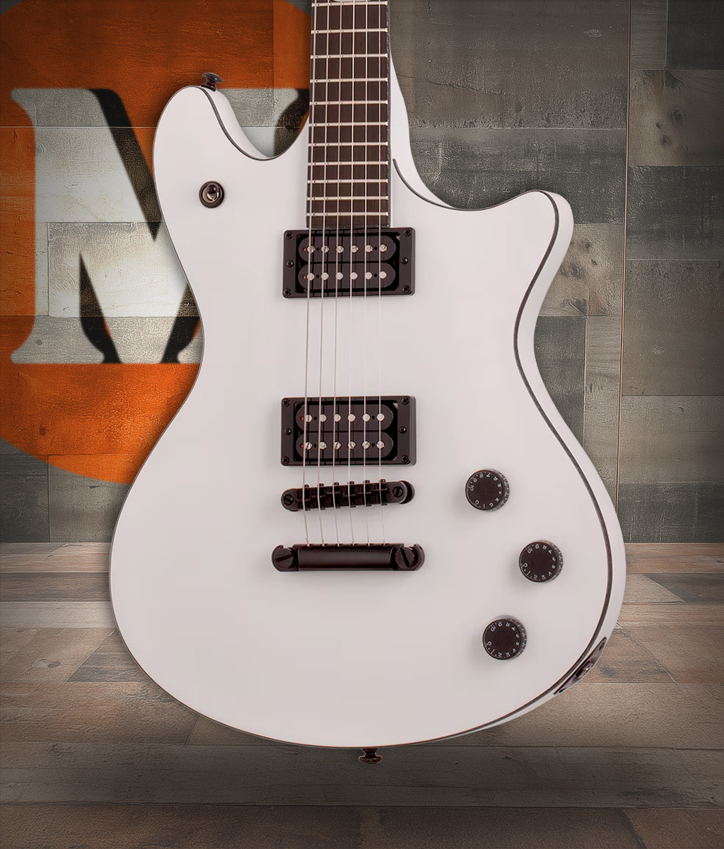 Schecter Jerry Horton Tempest Guitar - Satin White (B-Stock) featuring dual humbuckers, contoured mahogany body, set neck, and sleek satin white finish with artist-level tone and playability