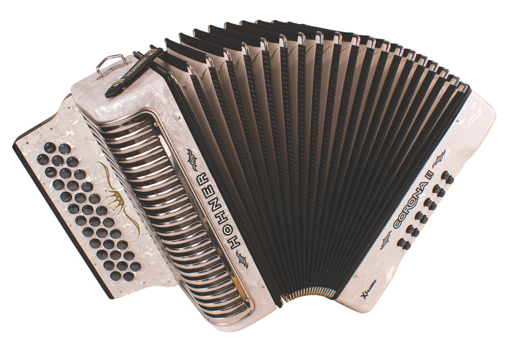 Hohner Corona II XTREME Accordion - GCF, Pearl White finish, 31-button diatonic accordion featuring smooth bellows, responsive reeds, and premium craftsmanship for professional performers