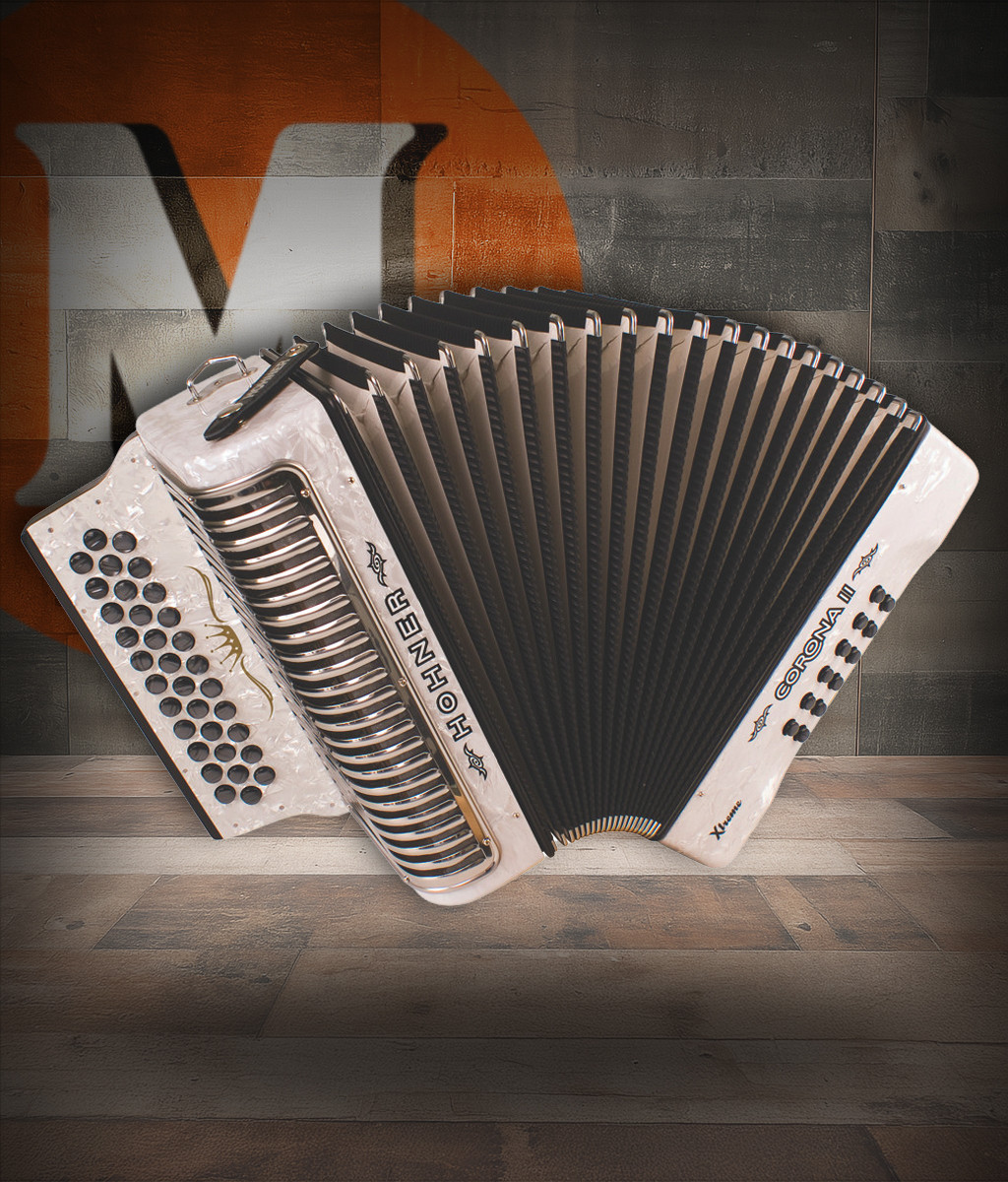 Hohner Corona II XTREME Accordion - GCF, Pearl White finish, 31-button diatonic accordion featuring smooth bellows, responsive reeds, and premium craftsmanship for professional performers
