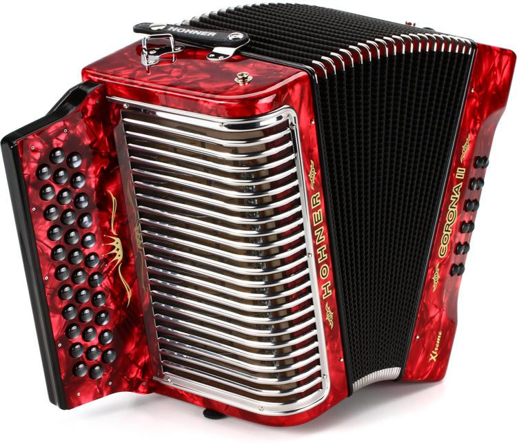 Hohner Corona II XTREME Accordion - GCF, Pearl Red finish, 31-button diatonic accordion with smooth bellows, responsive reeds, and professional-grade tone for NorteÃ±o and Tex-Mex music