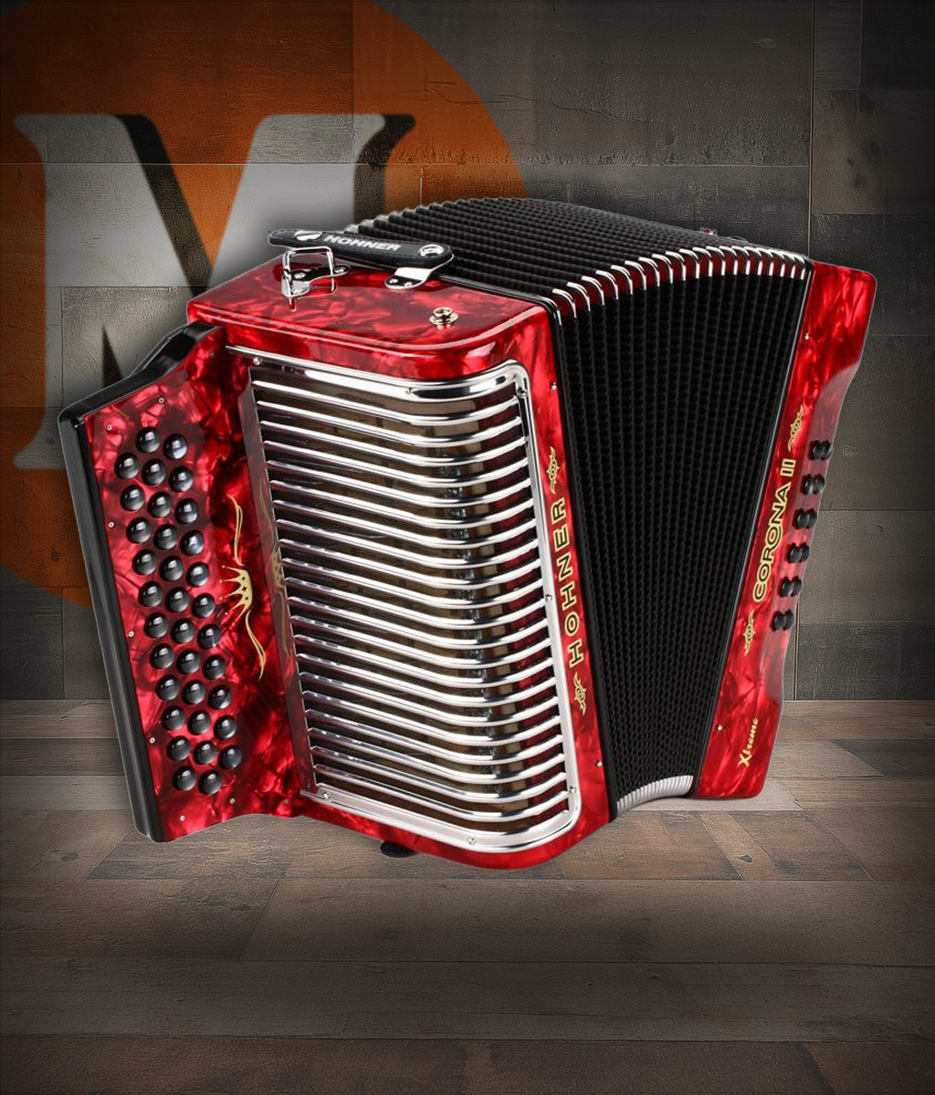 Hohner Corona II XTREME Accordion - GCF, Pearl Red finish, 31-button diatonic accordion with smooth bellows, responsive reeds, and professional-grade tone for NorteÃ±o and Tex-Mex music