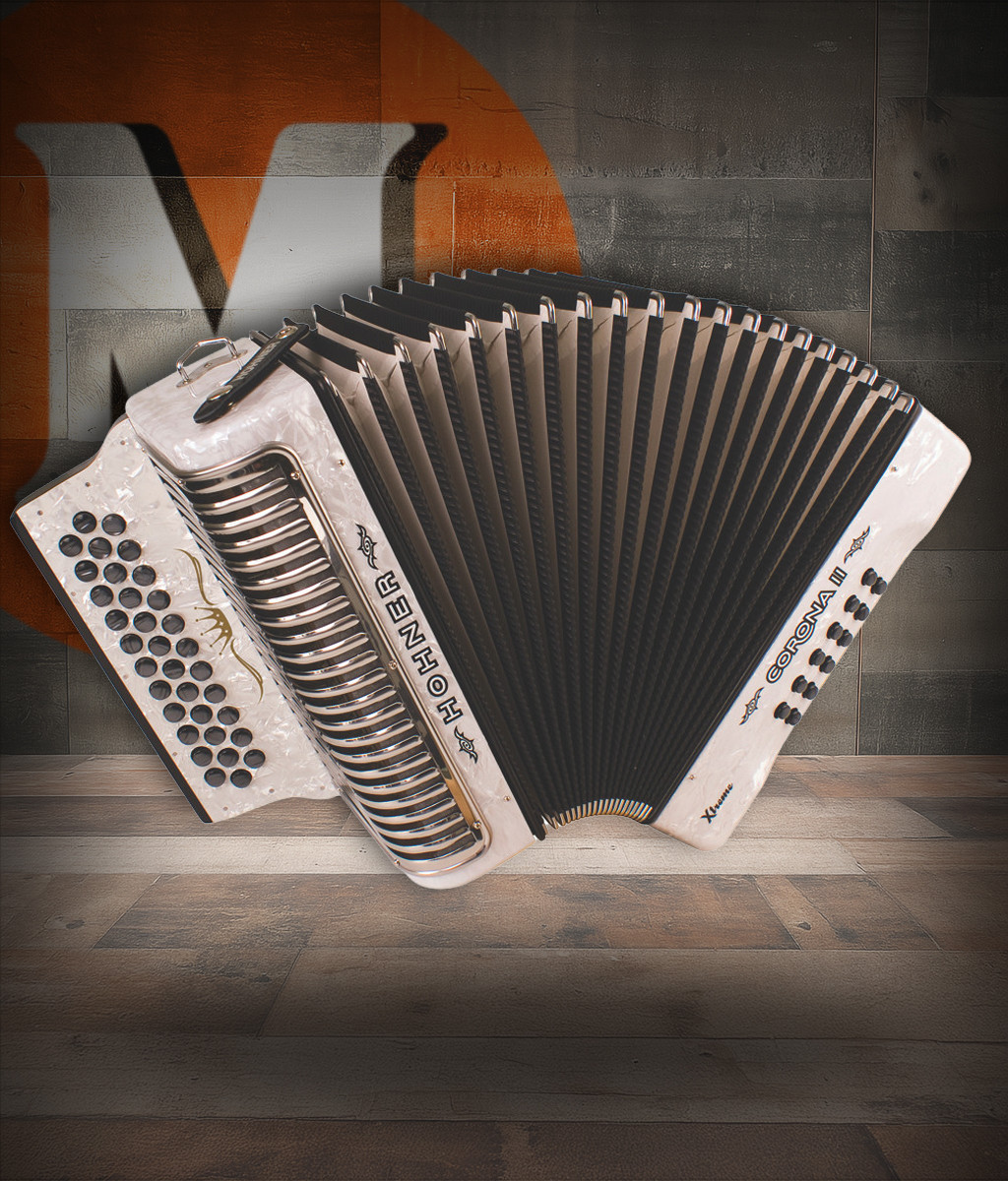 Hohner Corona II XTREME Accordion – FBbEb, Pearl White finish, 31-button diatonic accordion featuring smooth bellows, responsive reeds, and premium craftsmanship for professional players