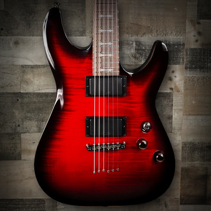Schecter Demon-6 Electric Guitar - Crimson Red Burst finish, solid-body design with Schecter Diamond Active pickups, arched top, and sleek black hardware for modern metal tone