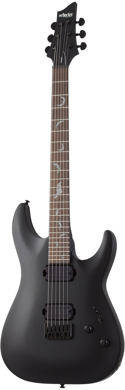 Schecter Damien 6 Platinum Electric Guitar in Black finish - B-Stock model featuring EMG pickups, gothic cross inlays, and sleek contoured double-cutaway body
