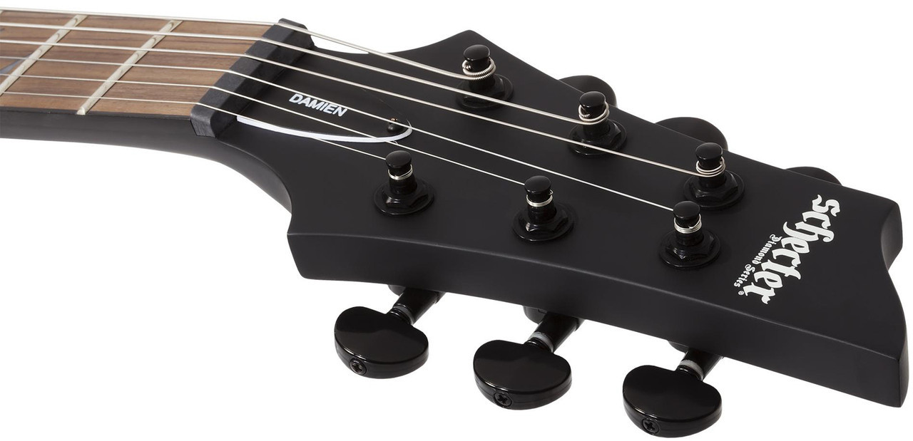 Schecter Damien 6 Platinum Electric Guitar in Black finish - B-Stock model featuring EMG pickups, gothic cross inlays, and sleek contoured double-cutaway body