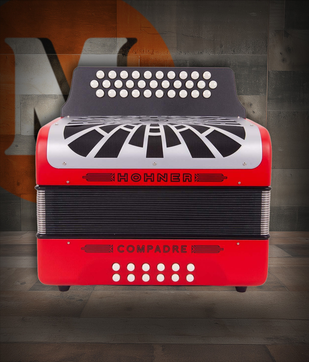 Hohner Compadre Accordion - Red with Silver Grille (GCF), 31-button diatonic accordion featuring smooth action, durable body, and classic Hohner Tex-Mex styling
