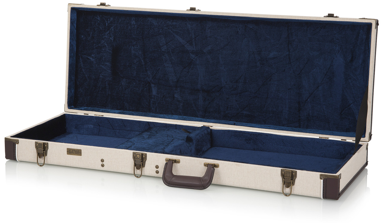 Gator Journeyman Series Electric Guitar Case (GW-JM ELEC) featuring a vintage brown exterior, crushed velvet interior lining, reinforced hardware, and molded fit protection for standard electric guitars.