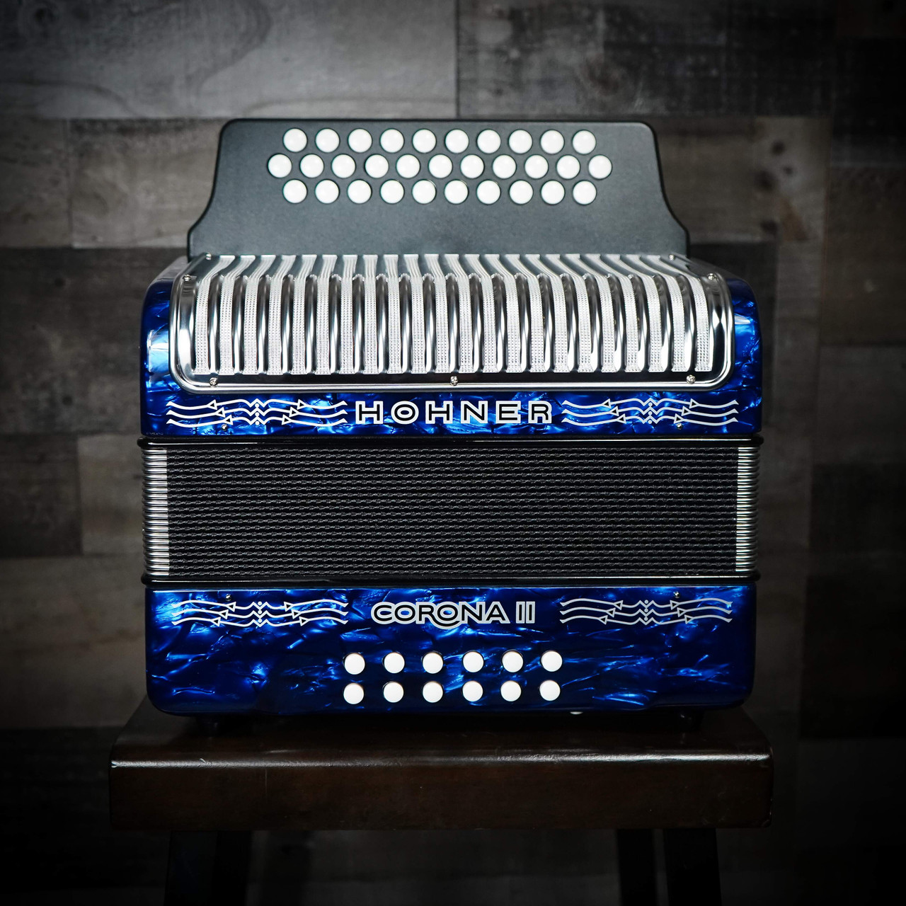 The Hohner Corona II GCF diatonic accordion in pearl dark blue (3500GBL) delivers classic Hohner tone and fast response, ideal for norteÃ±o, conjunto, and folk styles. Available at Musician Madness.