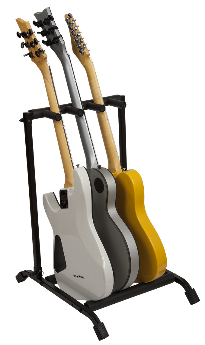 Rok-It RI-GTR-RACK3 Collapsible Folding Guitar Rack featuring padded supports, durable metal frame, folding design, and capacity for three acoustic or electric guitars.