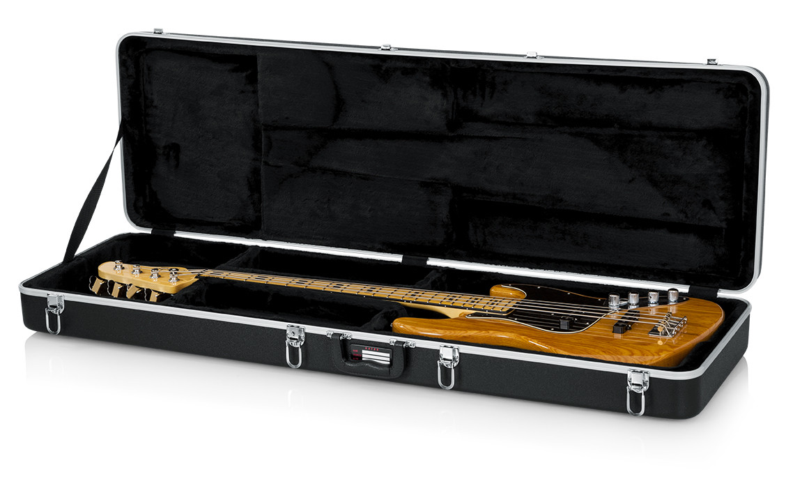 Gator GC-BASS Deluxe ABS Molded Electric Bass Guitar Case (GC-BASS) featuring a tough ABS exterior, soft padded interior, reinforced latches, and full-length neck support for secure electric bass guitar protection.