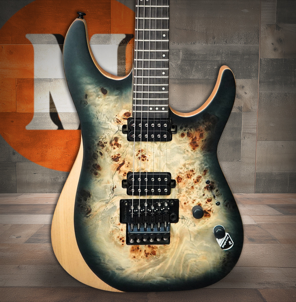 Schecter Reaper-6 FR Electric Guitar in Satin Charcoal Burst finish - B-Stock model featuring flamed maple top, Floyd Rose bridge, and black hardware