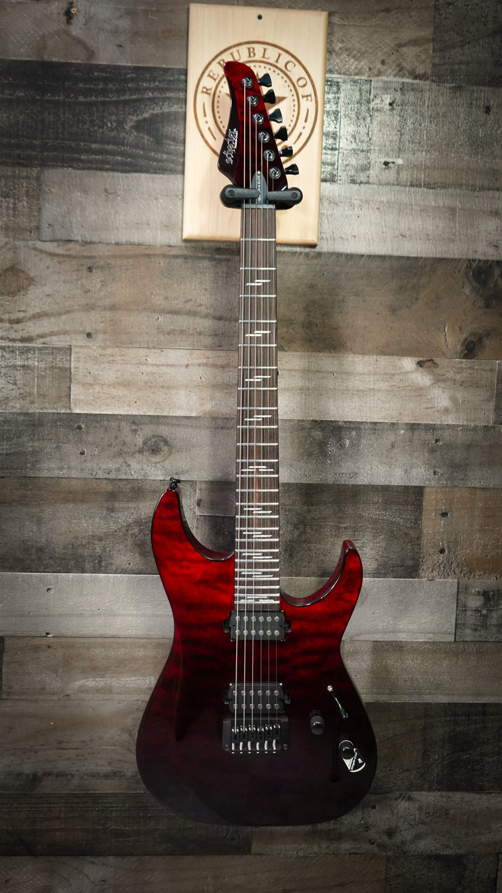 Schecter Reaper-6 Elite Electric Guitar in Bloodburst finish - B-Stock model featuring flamed maple top, black hardware, and sleek double-cutaway body