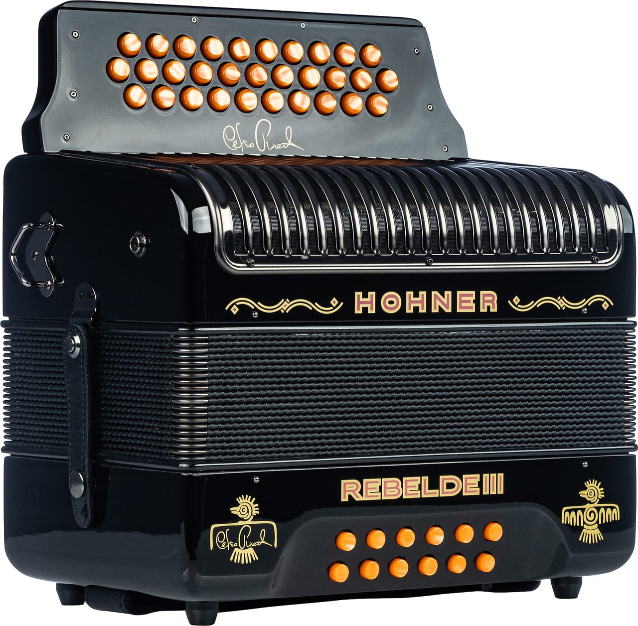 Limited Edition Hohner Rebelde III Celso PiÃ±a GCF Accordion in Black offers legendary tone and signature style. Includes gig bag and straps for pros and collectors.