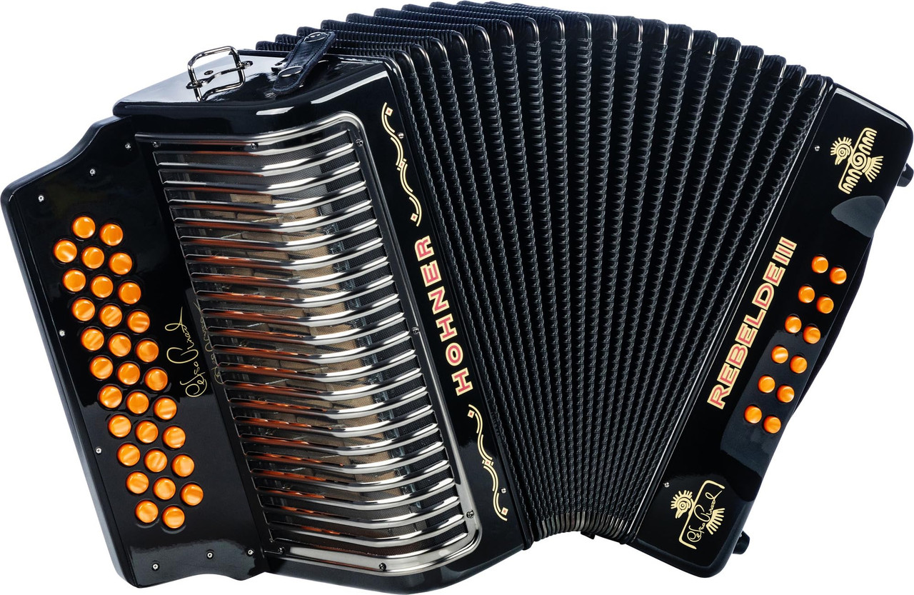 Limited Edition Hohner Rebelde III Celso PiÃƒÂ±a GCF Accordion in Black offers legendary tone and signature style. Includes gig bag and straps for pros and collectors.