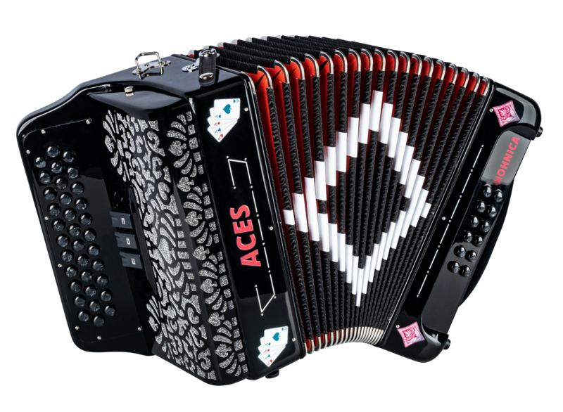 The Hohnica Aces Accordion (ACES II FBK) features a 3-register system with an F-Bb-Eb tonal layout, ideal for Tejano, conjunto, norteno, and regional Mexican music. Built with durable materials and responsive reeds, it offers strong projection, stable tuning, and comfortable playability making it a solid choice for beginners and developing players.