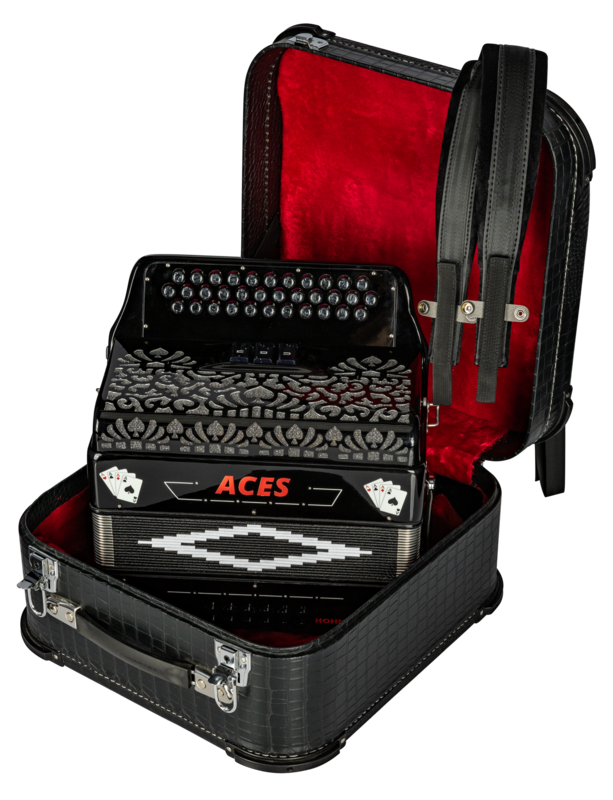 The Hohnica Aces Accordion (ACES II FBK) features a 3-register system with an F-Bb-Eb tonal layout, ideal for Tejano, conjunto, norteno, and regional Mexican music. Built with durable materials and responsive reeds, it offers strong projection, stable tuning, and comfortable playability making it a solid choice for beginners and developing players.