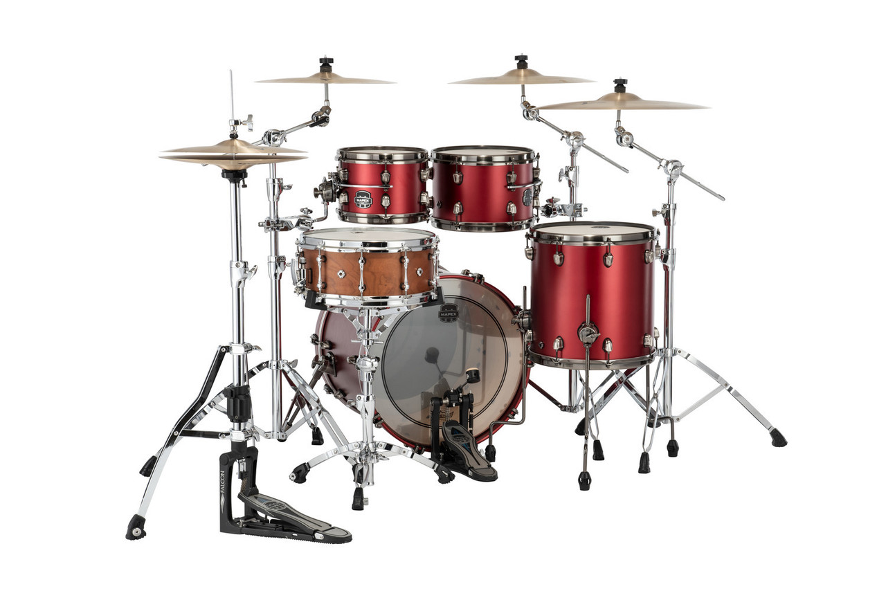 Mapex SE504XMBPA Saturn Evolution Fusion 4-Piece Shell Pack in Tuscan Red finish, snare not included.