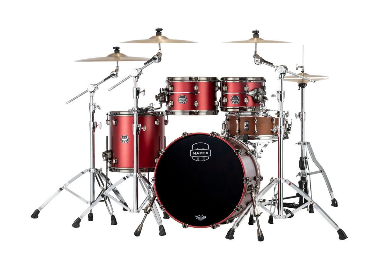 Mapex SE504XMBPA Saturn Evolution Fusion 4-Piece Shell Pack in Tuscan Red finish, snare not included.