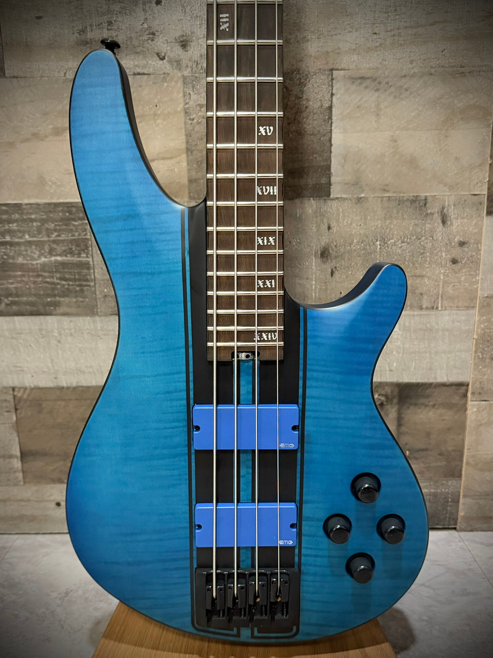 Schecter C-4 GT Bass - Satin Trans Blue w/ Black Racing Stripe (B-Stock) (708) | Musician Madness