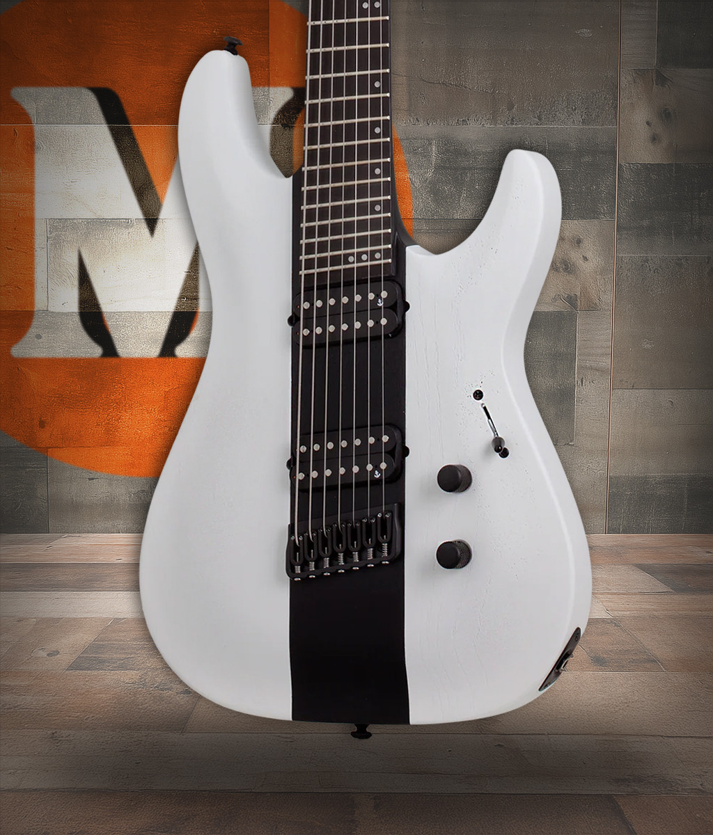 Schecter C-7 Contrasts Rob Scallon 7-String Multiscale guitar featuring a dual white/black finish, multi-scale ebony fingerboard, signature pickups, lightweight body, and signature Rob Scallon design elements.