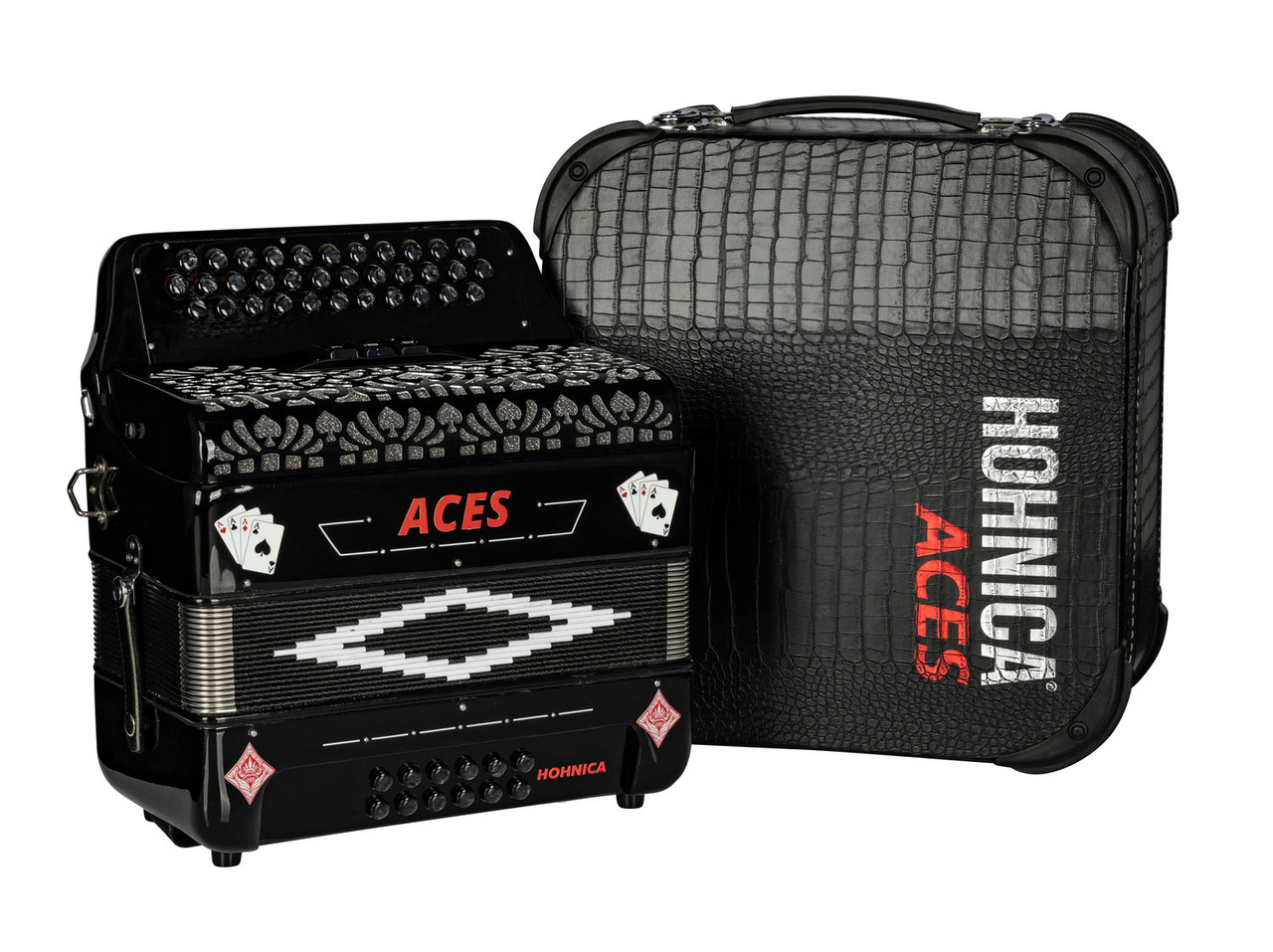 The Hohnica ACES II EAD accordion in black (ACES II EBK) features 3 registers and smooth playability, making it ideal for students and advancing players. Available at Musician Madness.