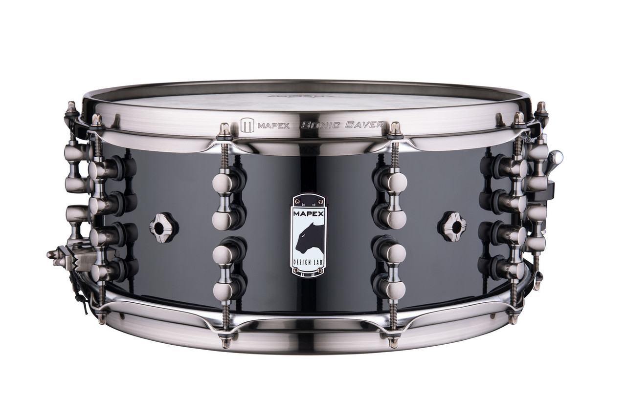 Mapex Black Panther Design Lab Maximus 14" x 6" Snare Drum â€“ Piano Black (BPDLMH4600LPB) featuring a mahogany shell, vintage tone, and glossy black finish for classic sound and style.