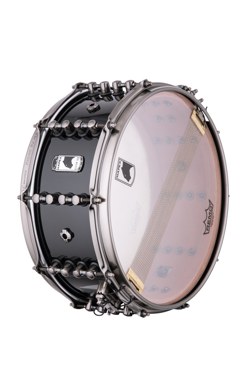 Mapex Black Panther Design Lab Maximus 14" x 6" Snare Drum – Piano Black (BPDLMH4600LPB) featuring a mahogany shell, vintage tone, and glossy black finish for classic sound and style.