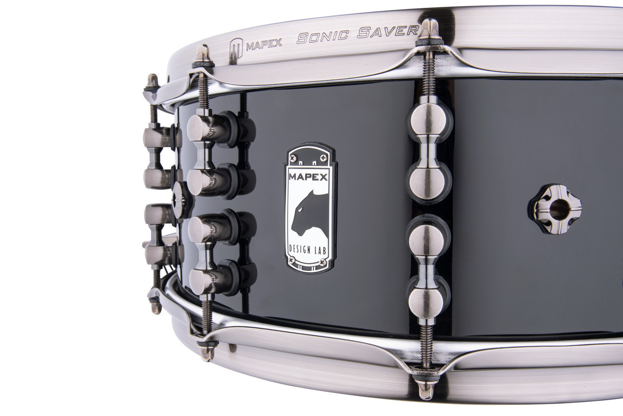 Mapex Black Panther Design Lab Maximus 14" x 6" Snare Drum â€“ Piano Black (BPDLMH4600LPB) featuring a mahogany shell, vintage tone, and glossy black finish for classic sound and style.
